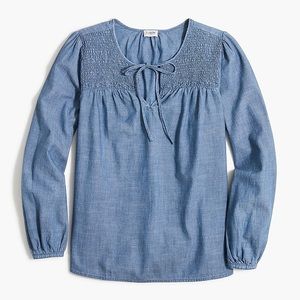 J. CREW Denim Chambray Smocked Top, tie-neck, long sleeve, NEW.